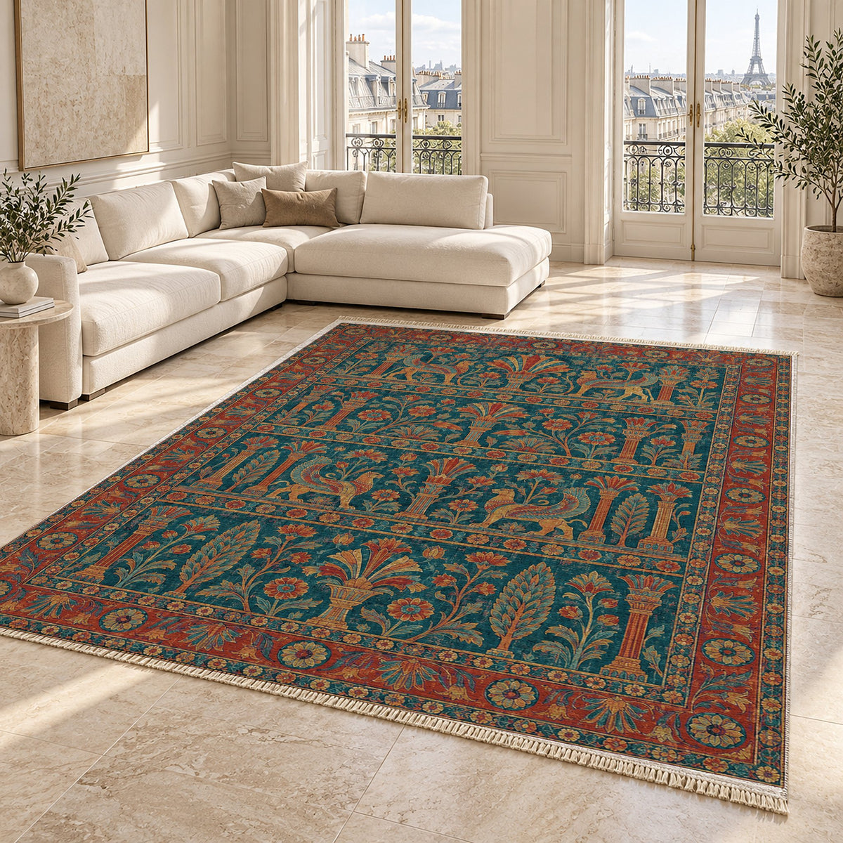 Royal Terrace Peacock & Ochre washable rug angled room view on marble