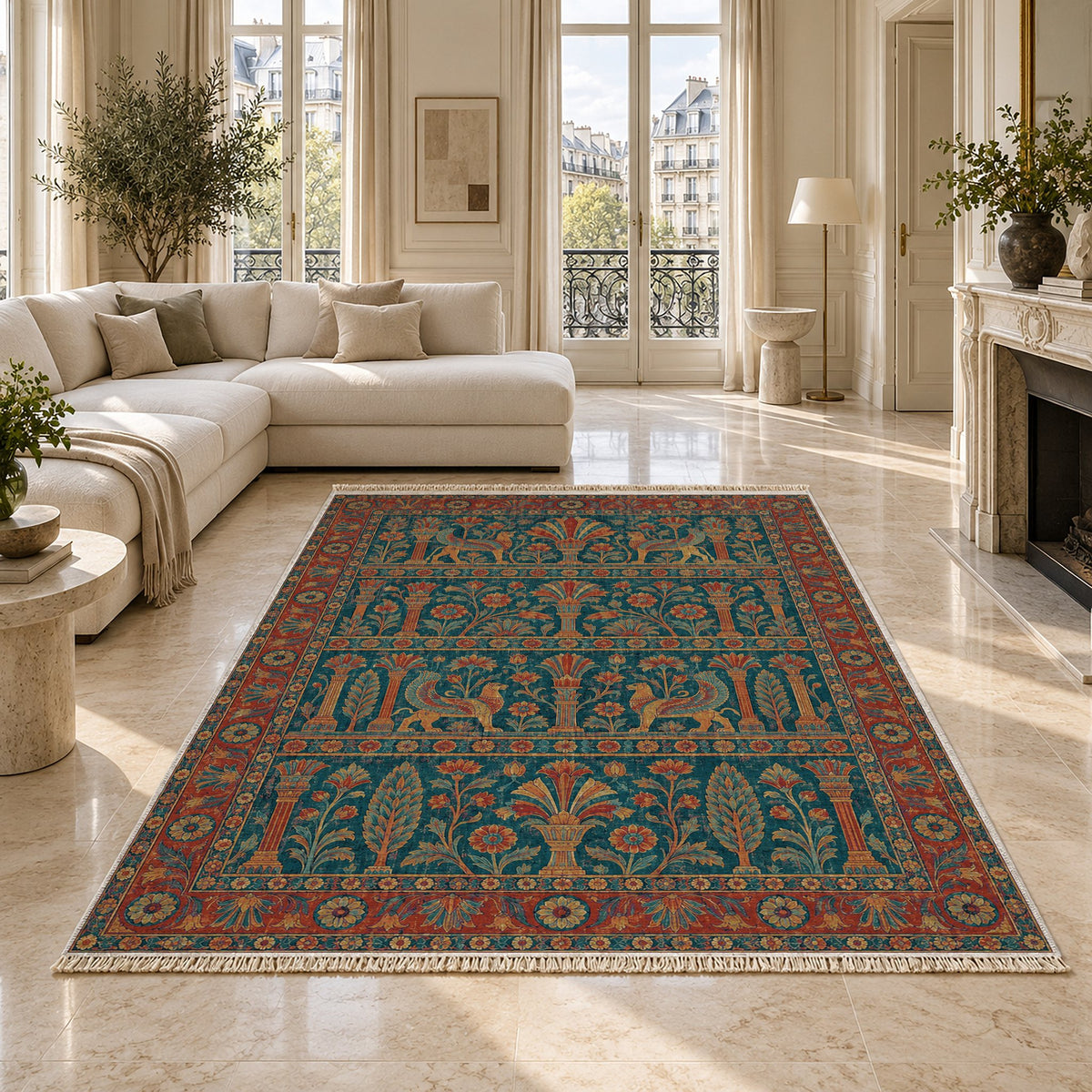 Royal Terrace Peacock & Ochre washable rug on a marble floor