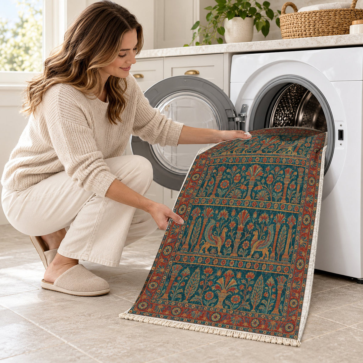 Royal Terrace Peacock & Ochre washable rug being loaded into a washing machine
