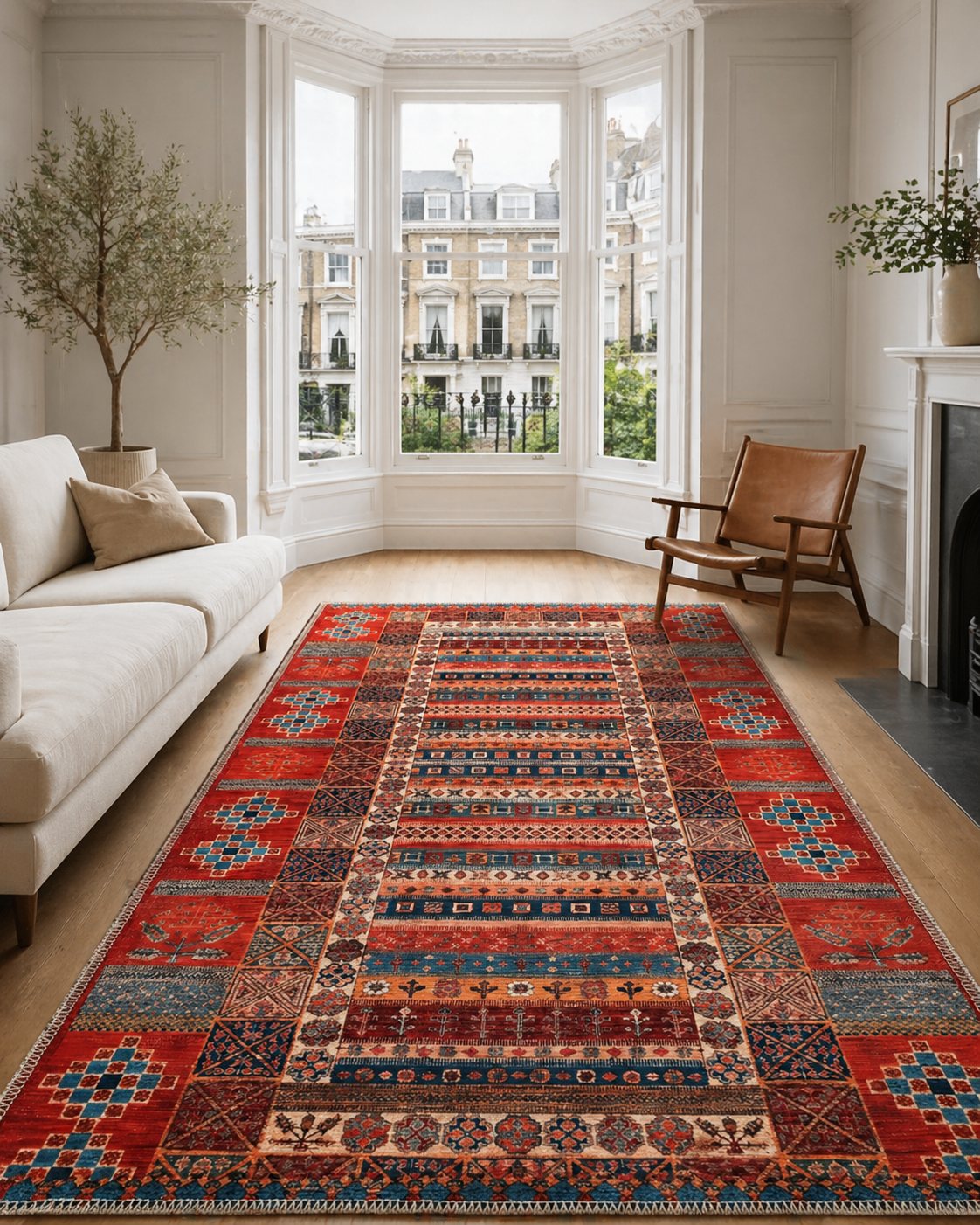 Rust & Navy Gabbeh Stripe Washable Rug in a living room