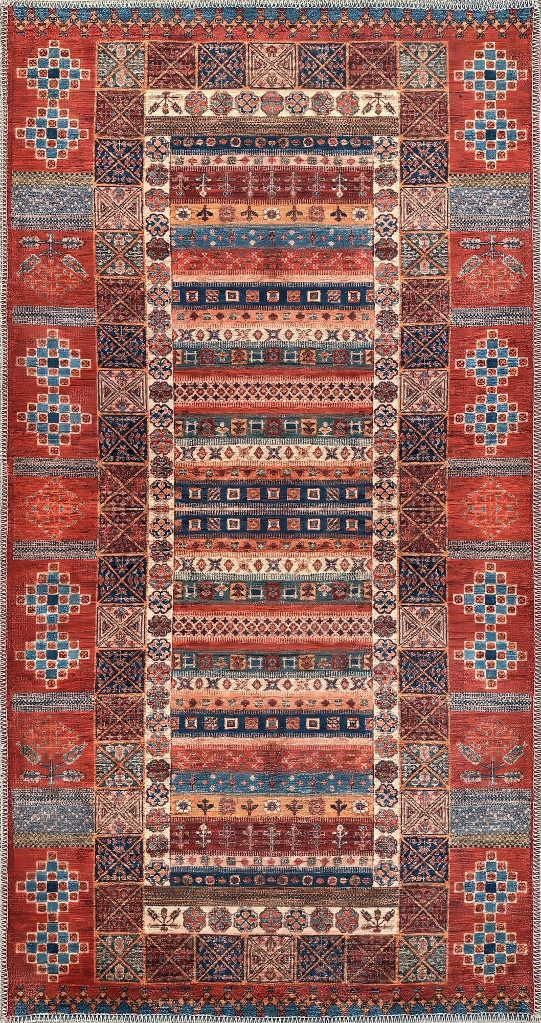 Rust & Navy Gabbeh Stripe Washable Rug 1316 top view