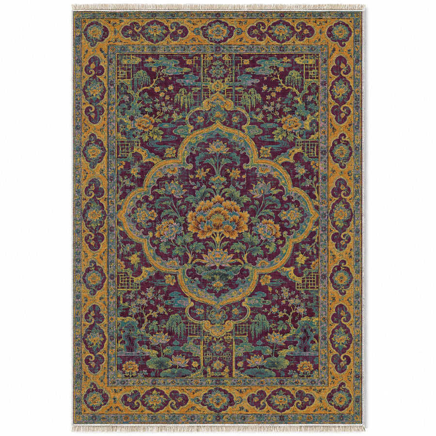 Ruyi Border Burgundy & Teal Oriental Washable Rug