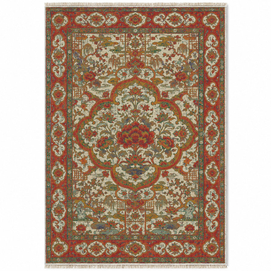 Ruyi Border Emerald & Terracotta Oriental Washable Rug