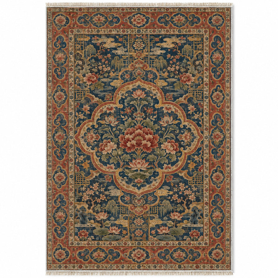 Ruyi Border Indigo & Rust Oriental Washable Rug