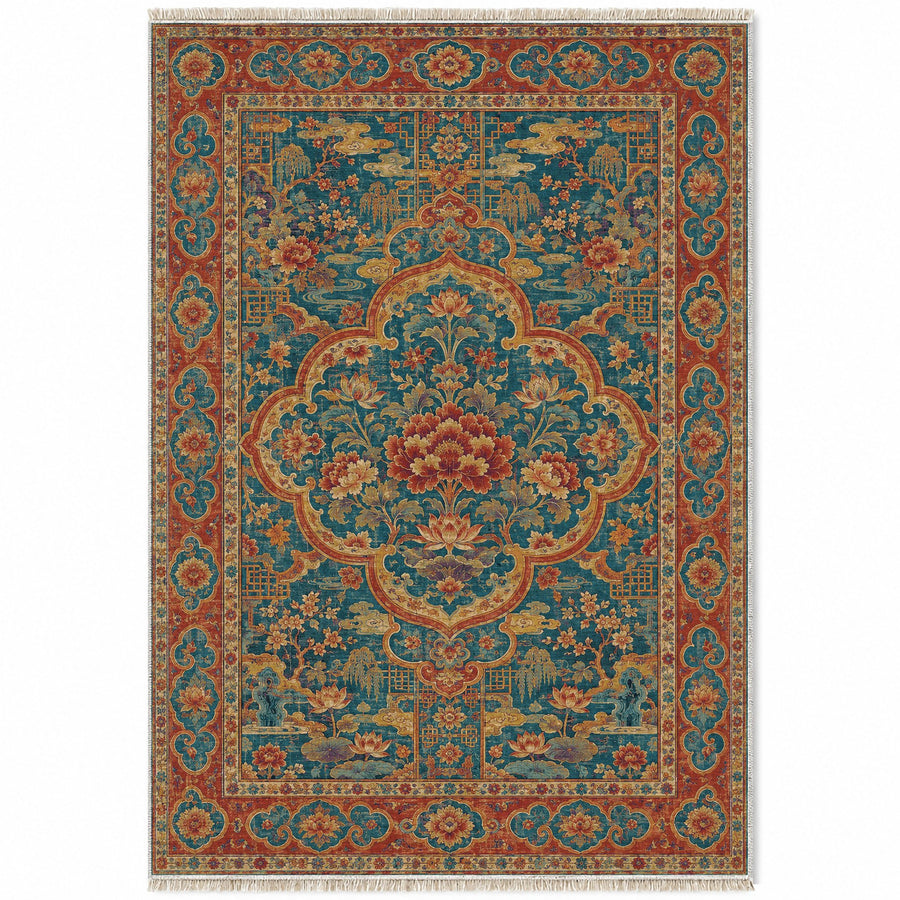 Ruyi Border Peacock & Ochre Oriental Washable Rug