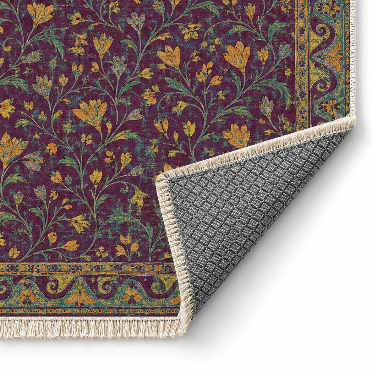 Saffron Court Burgundy & Teal washable rug folded corner showing the backing