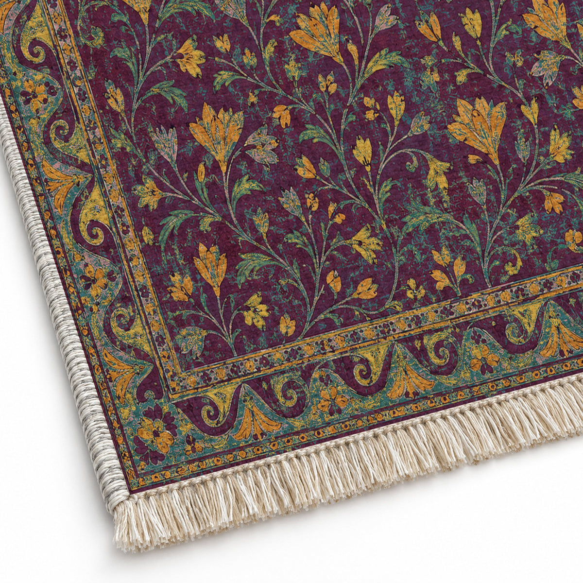 Saffron Court Burgundy & Teal washable rug close-up of the printed chenille