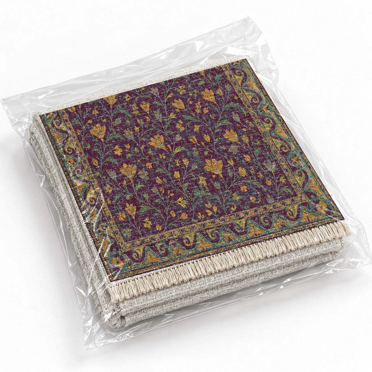 Saffron Court Burgundy & Teal washable rug rolled and packaged
