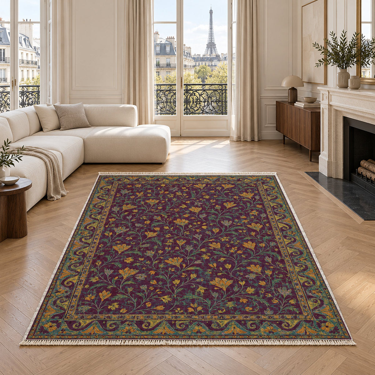 Saffron Court Burgundy & Teal washable rug in a living room with an Eiffel Tower view