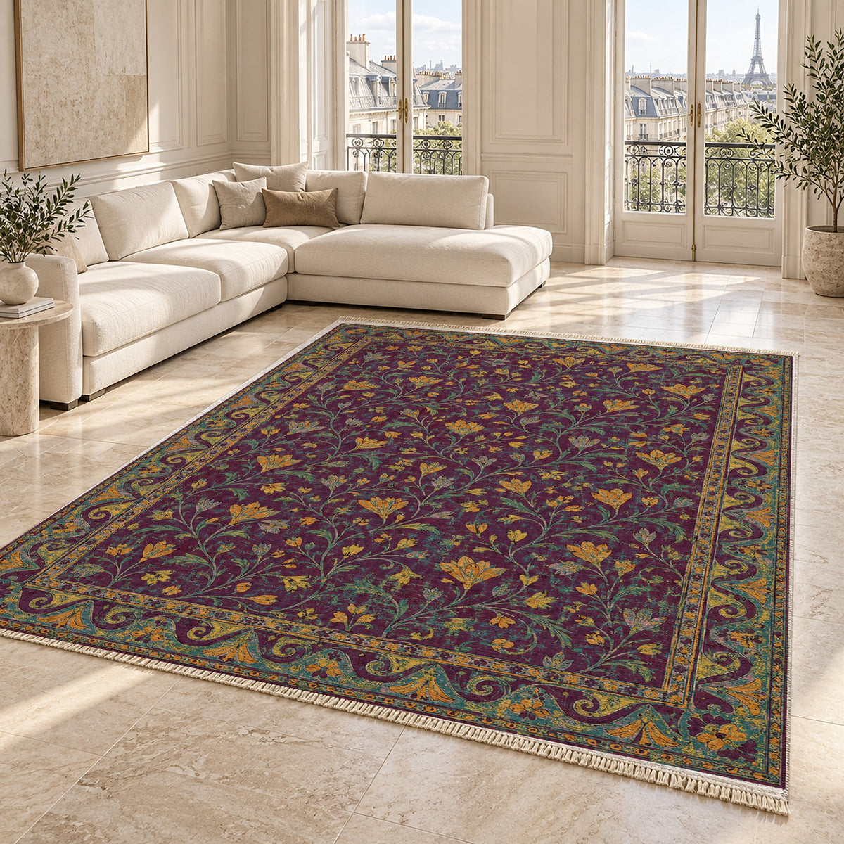 Saffron Court Burgundy & Teal washable rug angled room view on marble