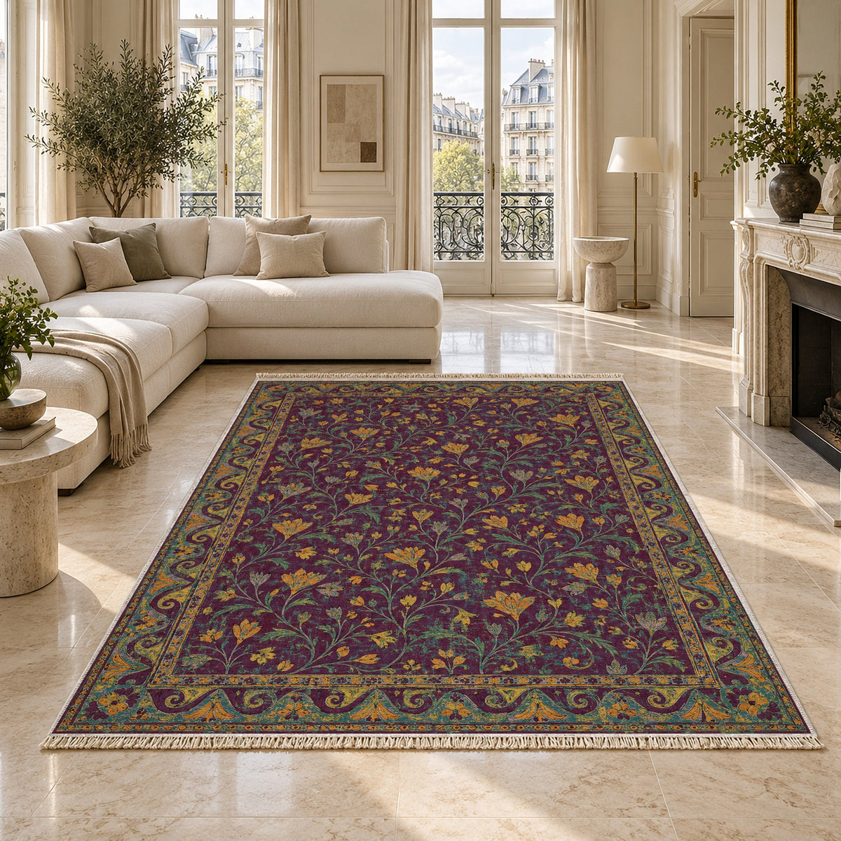 Saffron Court Burgundy & Teal washable rug on a marble floor
