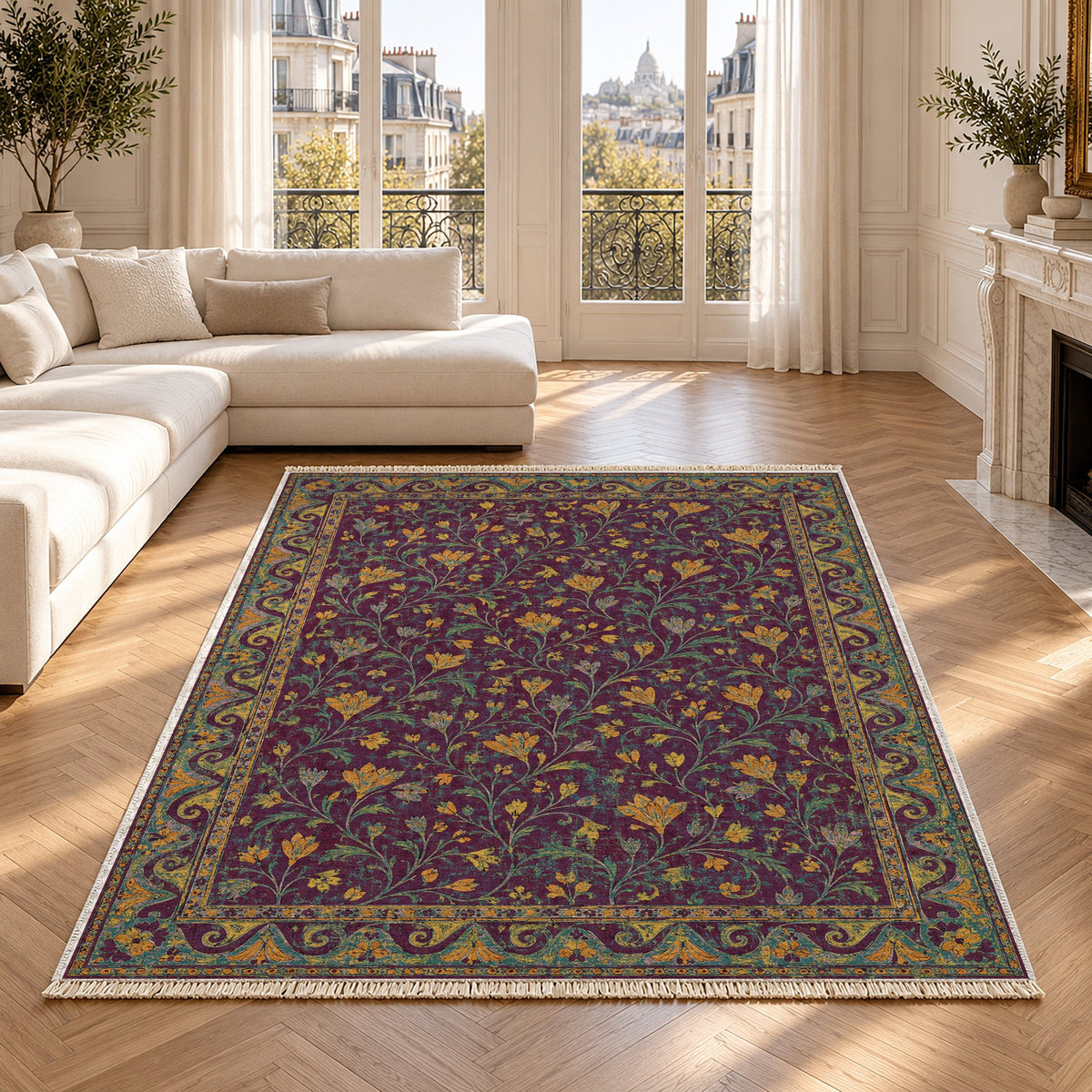 Saffron Court Burgundy & Teal washable rug in a Paris living room