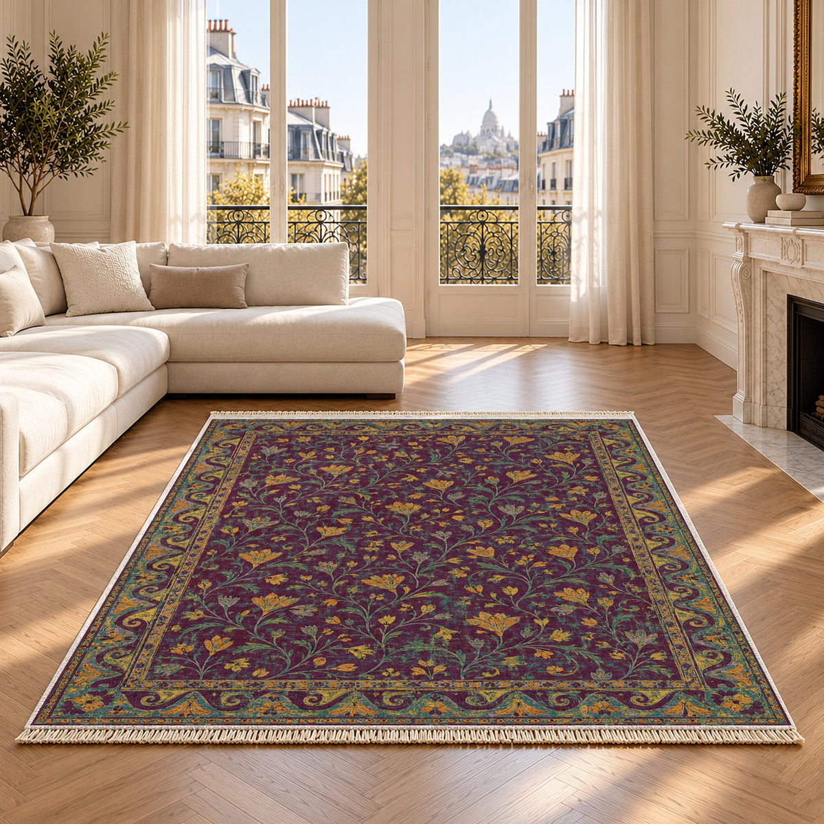 Saffron Court Burgundy & Teal washable rug on an oak floor