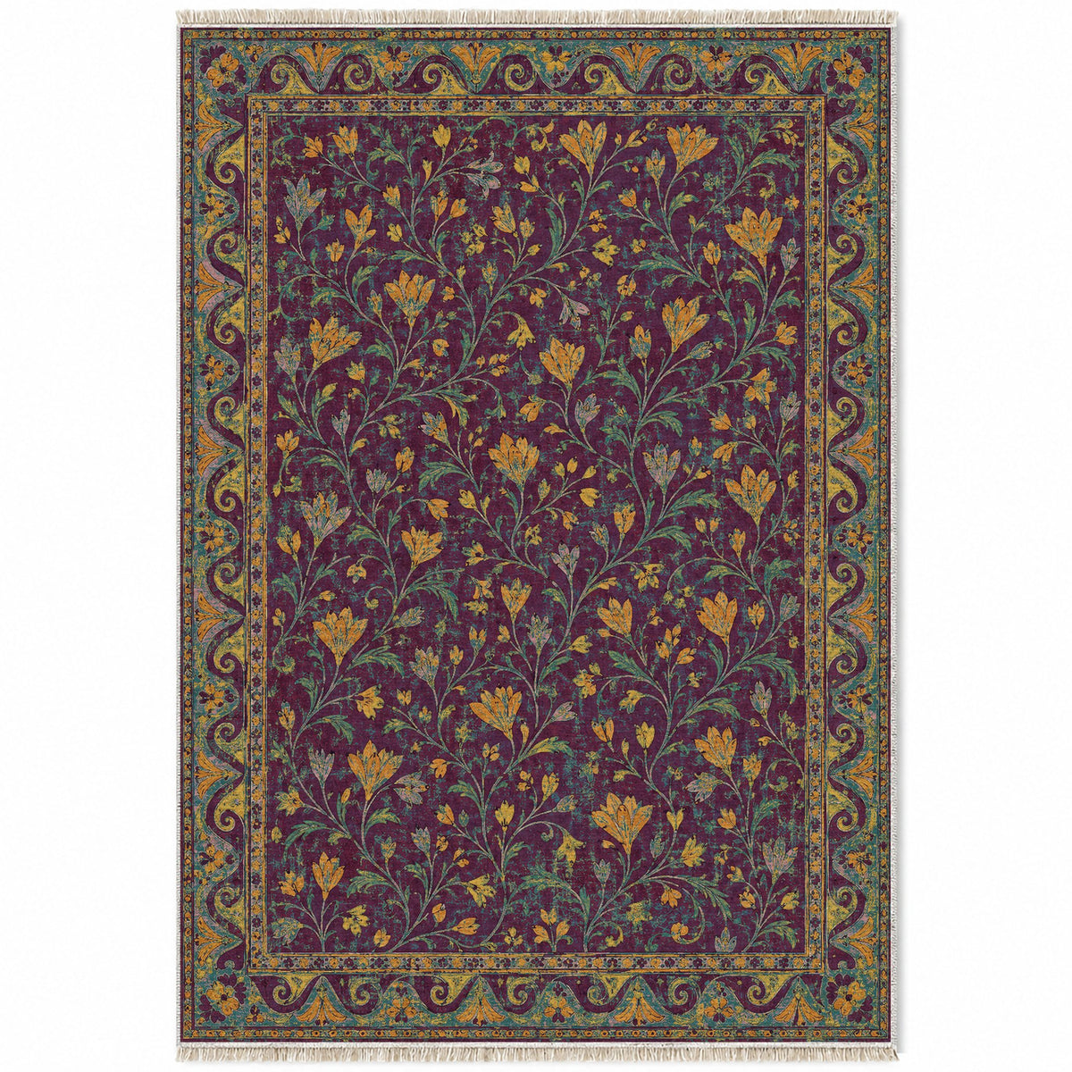 Saffron Court Burgundy & Teal washable rug top view