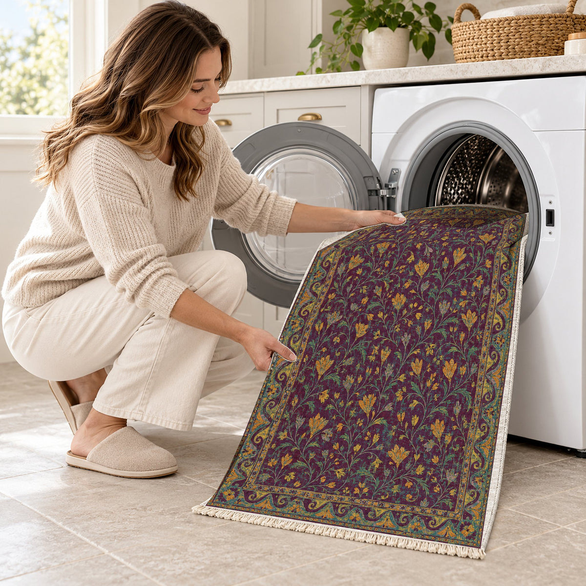 Saffron Court Burgundy & Teal washable rug being loaded into a washing machine