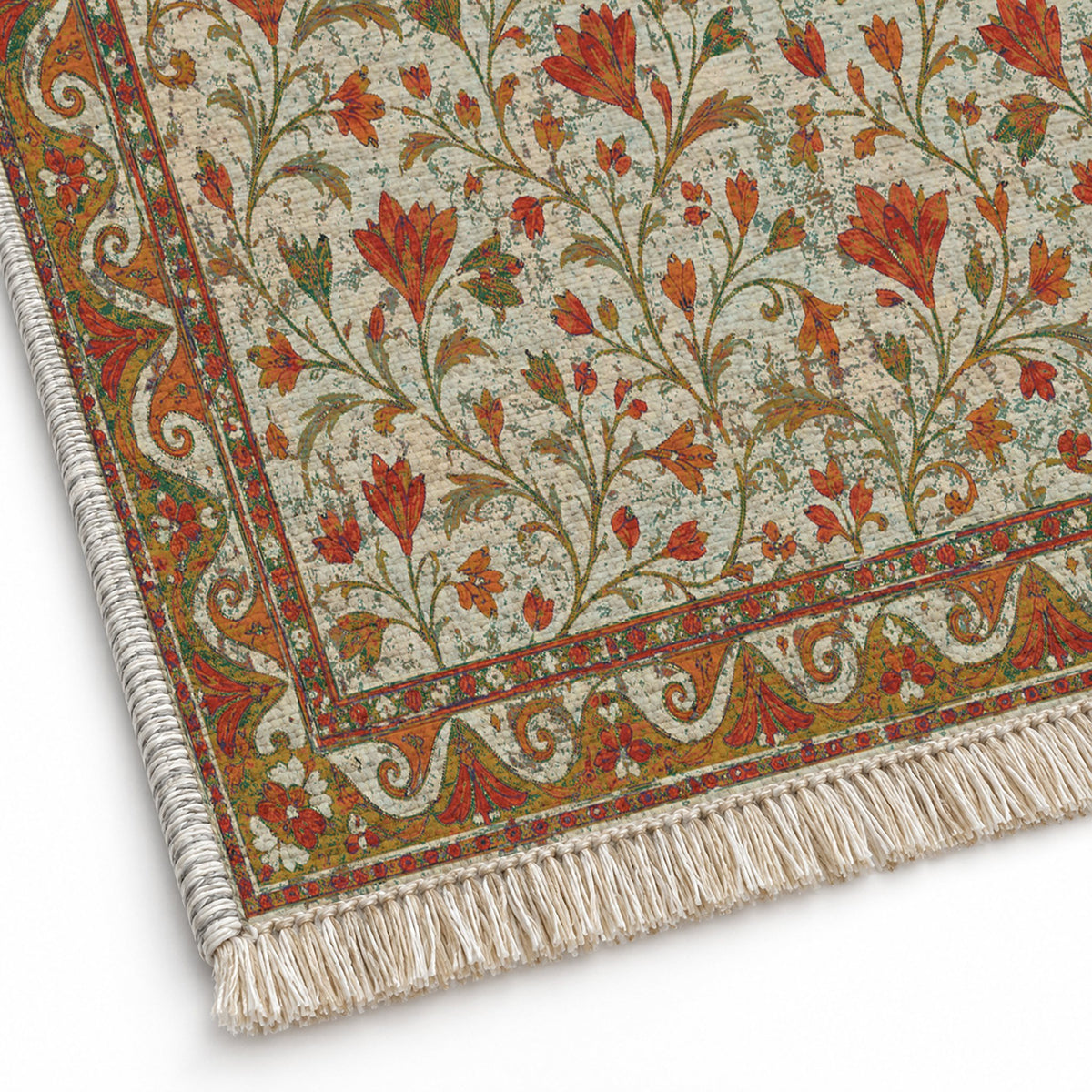 Saffron Court Emerald & Terracotta washable rug close-up of the printed chenille