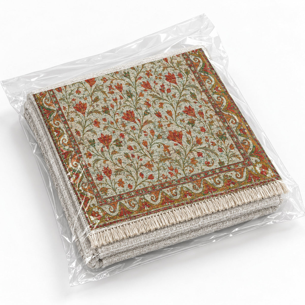 Saffron Court Emerald & Terracotta washable rug rolled and packaged