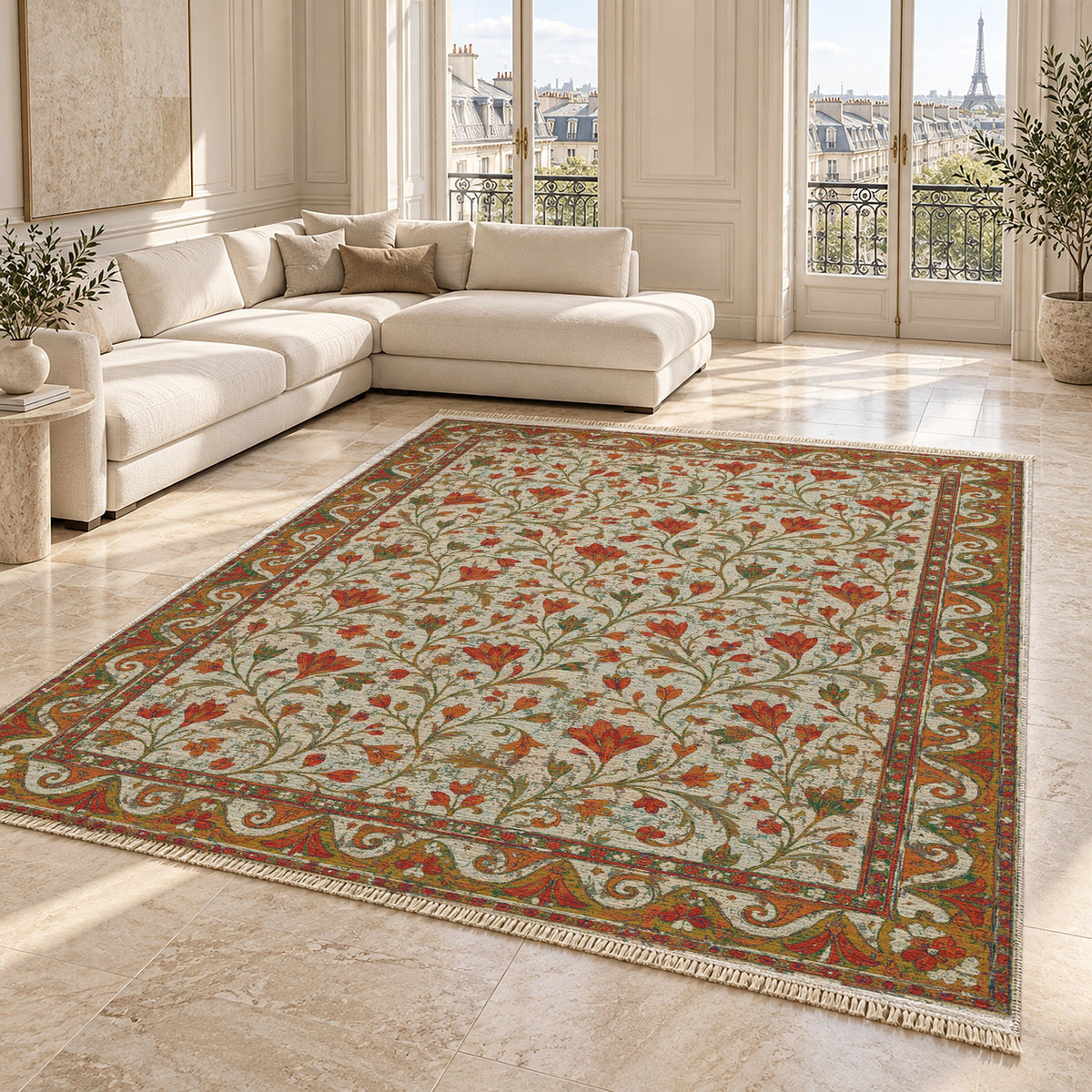 Saffron Court Emerald & Terracotta washable rug angled room view on marble
