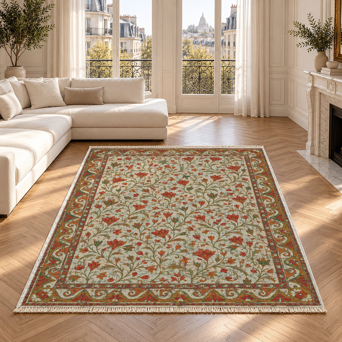 Saffron Court Emerald & Terracotta washable rug in a Paris living room