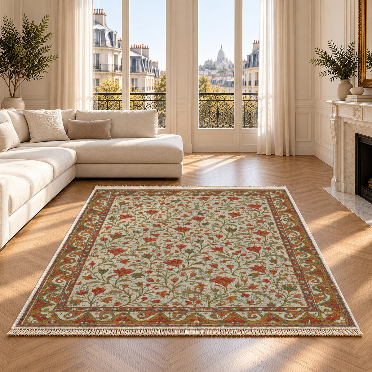 Saffron Court Emerald & Terracotta washable rug on an oak floor