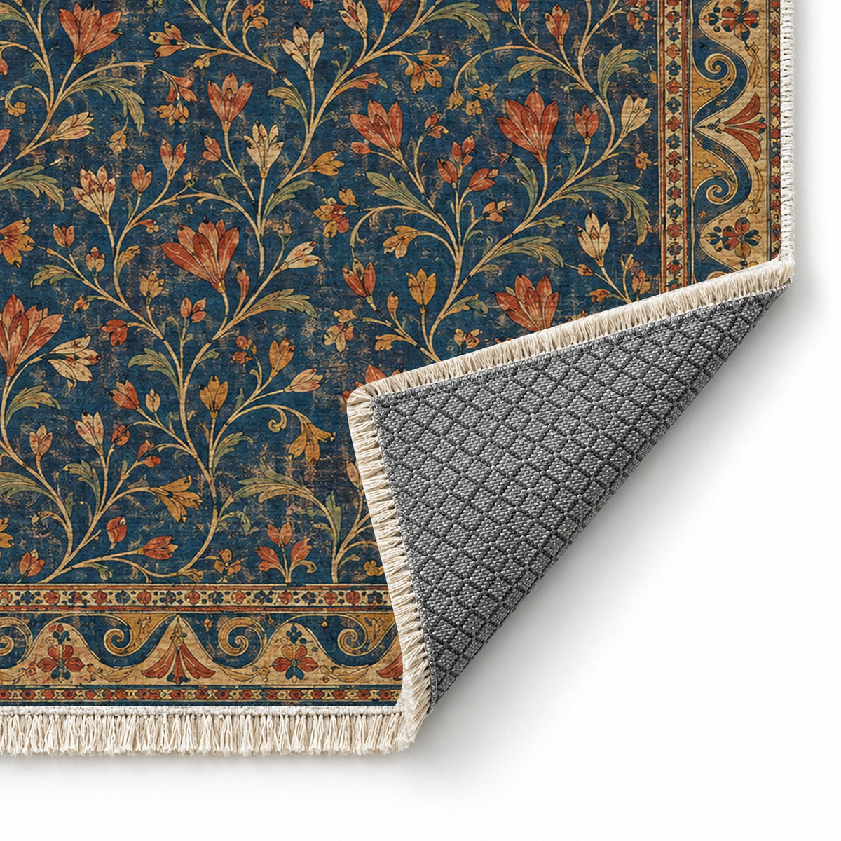 Saffron Court Indigo & Rust washable rug folded corner showing the backing