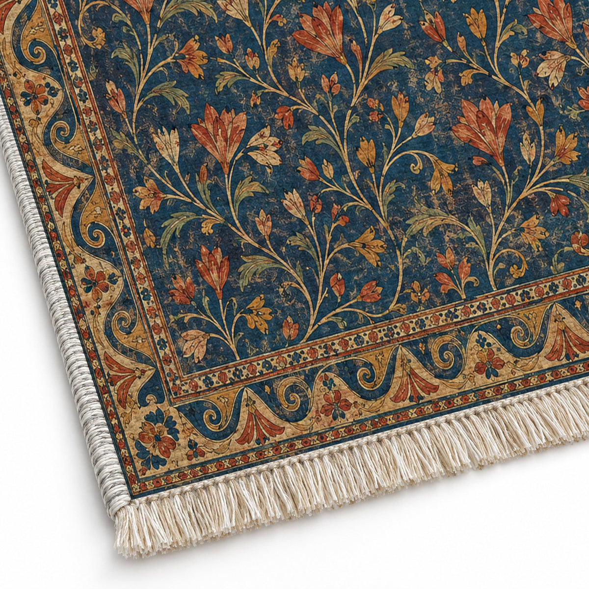 Saffron Court Indigo & Rust washable rug close-up of the printed chenille