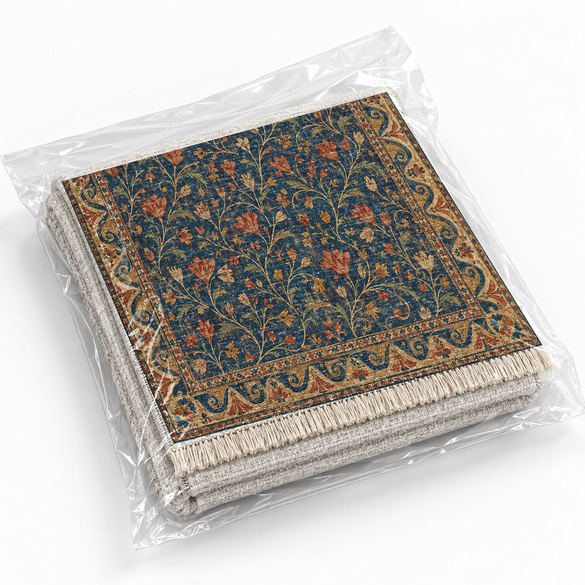 Saffron Court Indigo & Rust washable rug rolled and packaged