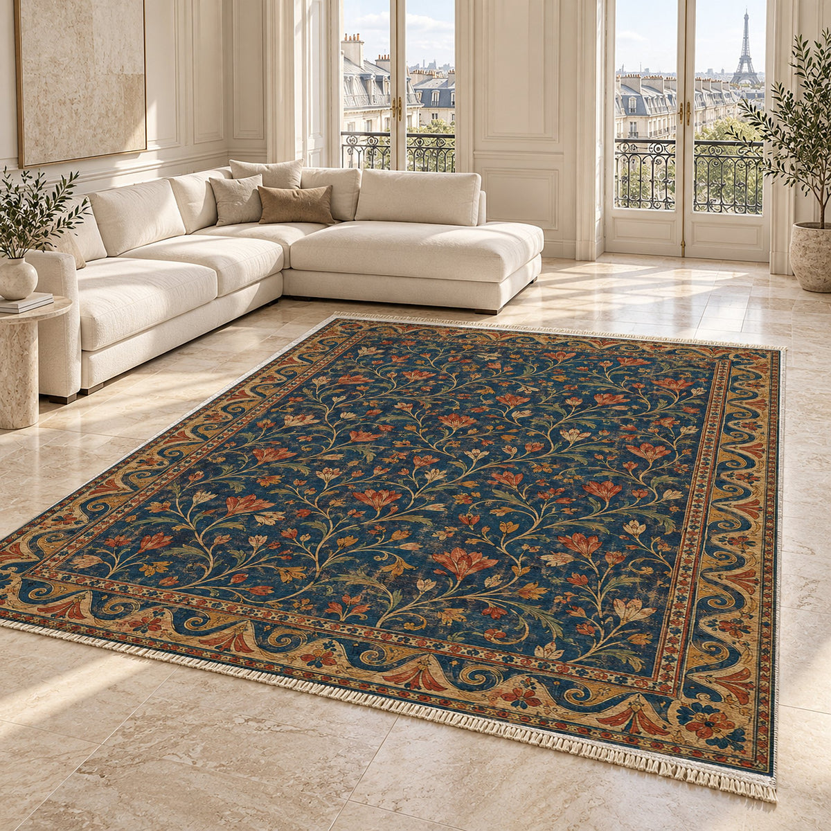 Saffron Court Indigo & Rust washable rug angled room view on marble