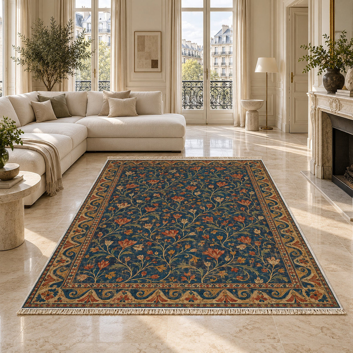 Saffron Court Indigo & Rust washable rug on a marble floor