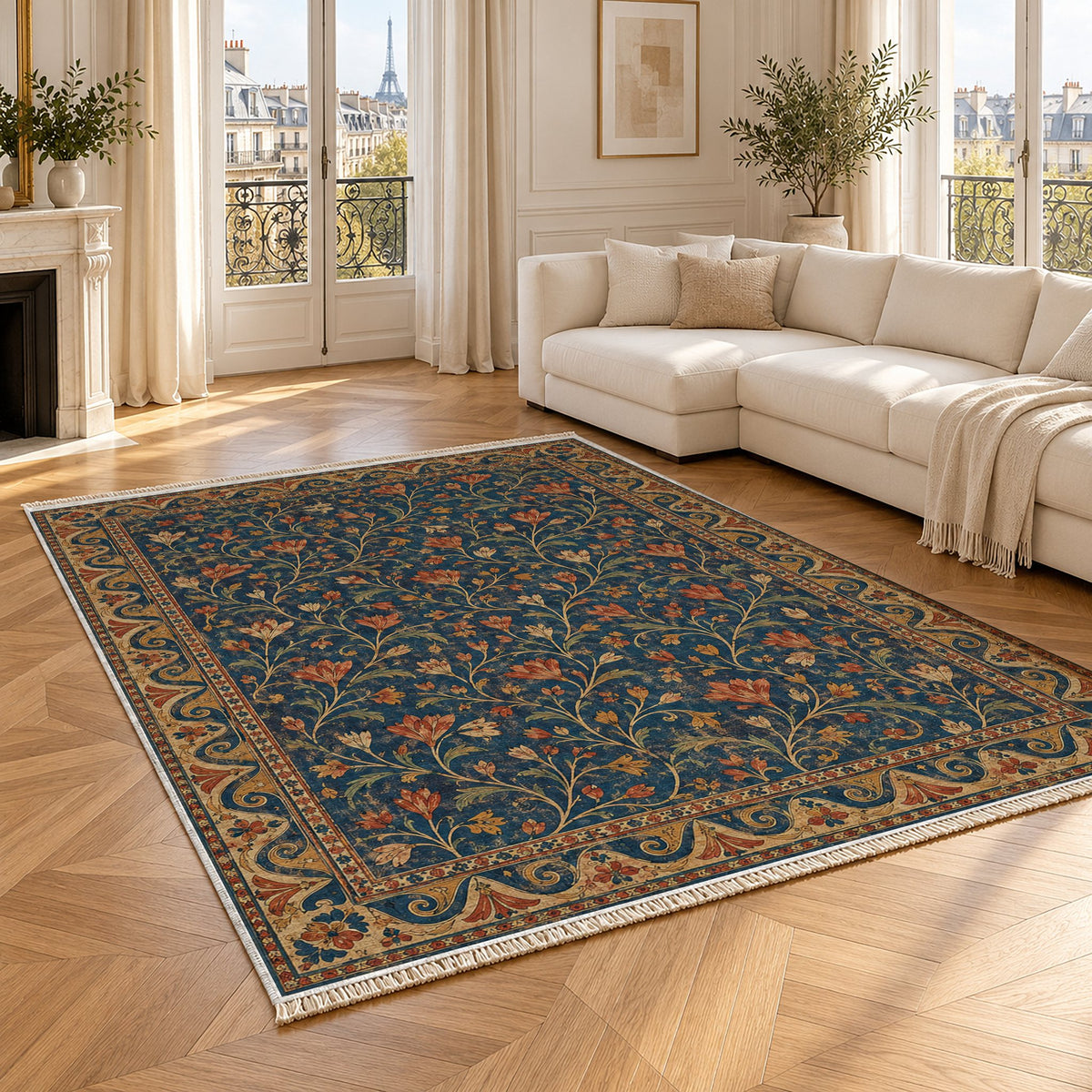 Saffron Court Indigo & Rust washable rug angled room view