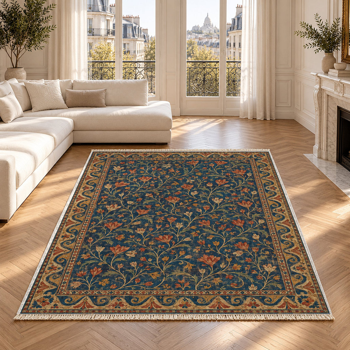 Saffron Court Indigo & Rust washable rug in a Paris living room
