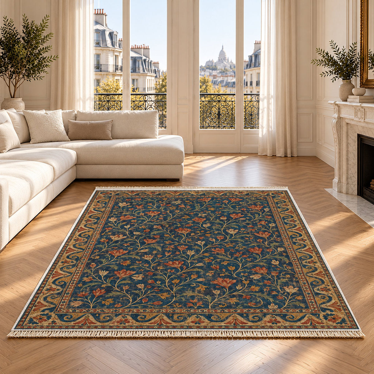 Saffron Court Indigo & Rust washable rug on an oak floor