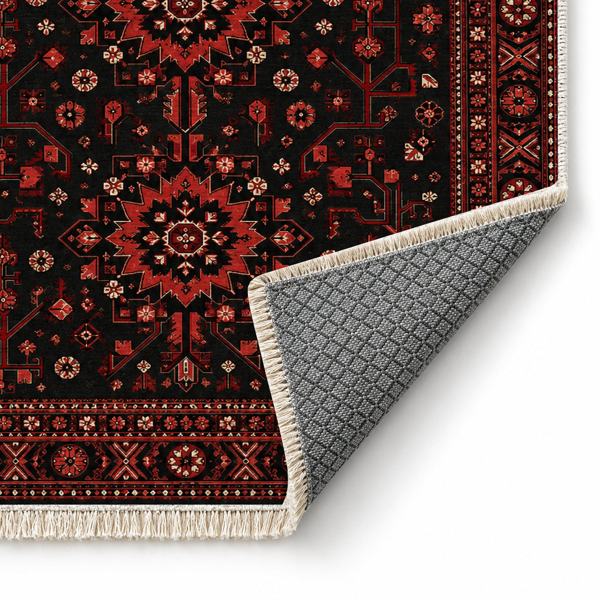 Samarkand Rosette Black washable rug folded corner showing the backing