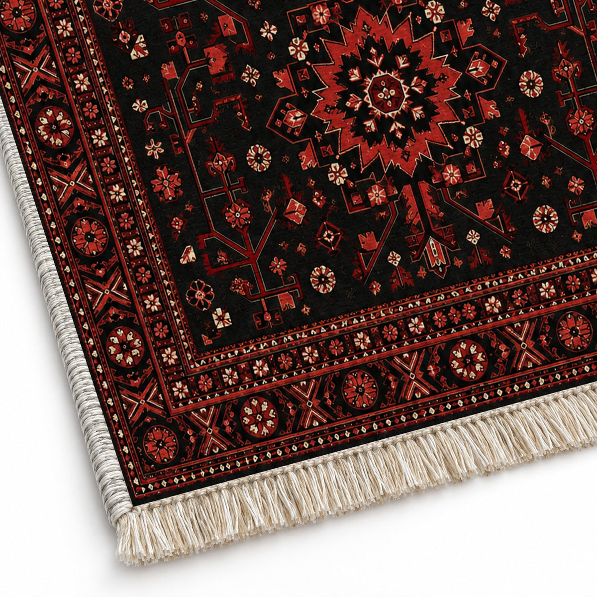 Samarkand Rosette Black washable rug close-up of the printed chenille