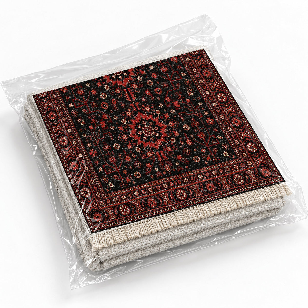 Samarkand Rosette Black washable rug rolled and packaged