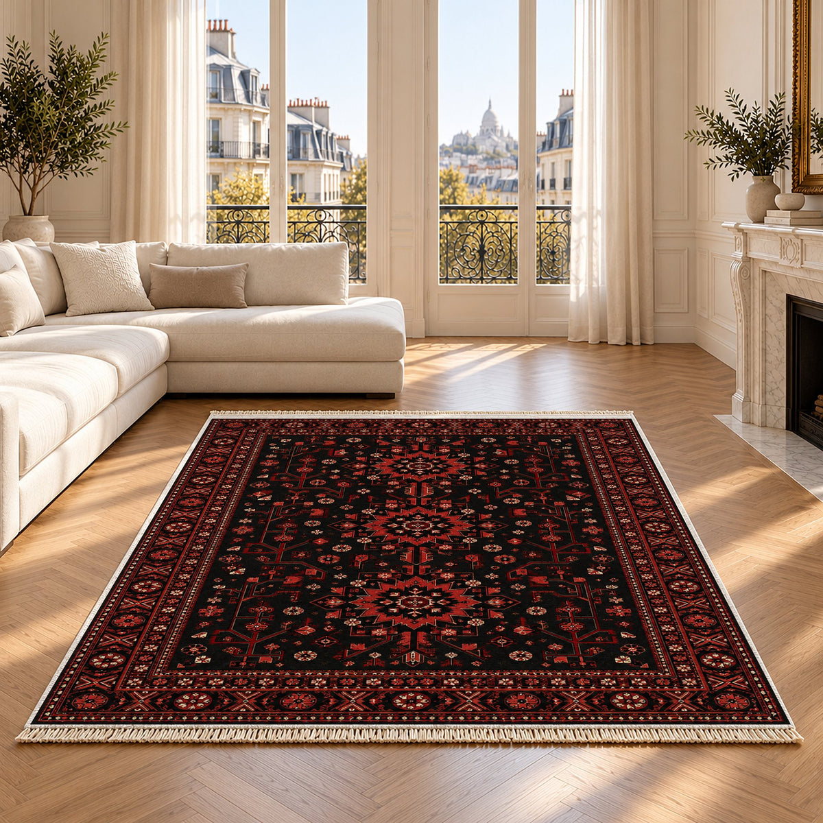 Samarkand Rosette Black washable rug on an oak floor