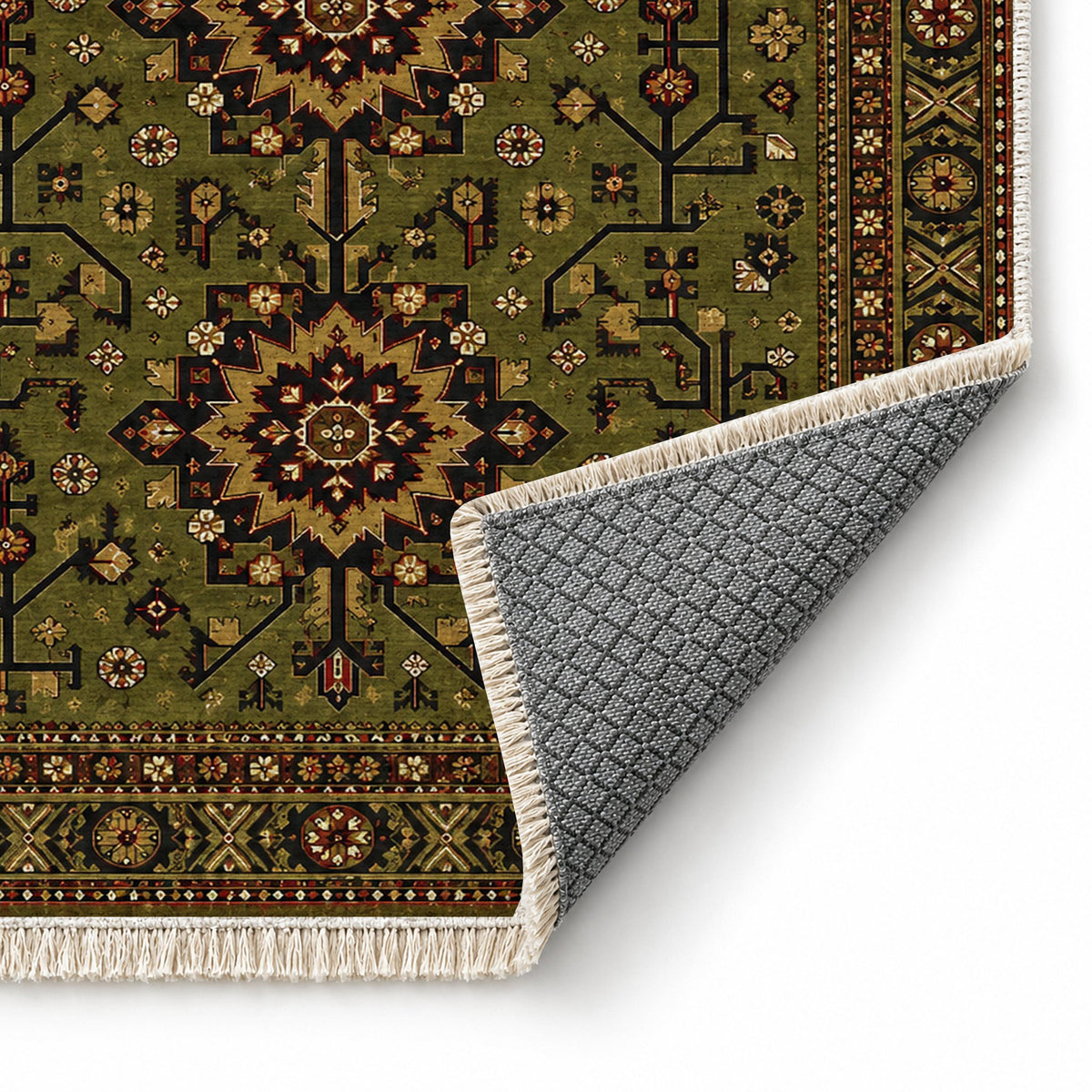 Samarkand Rosette Olive Green washable rug folded corner showing the backing