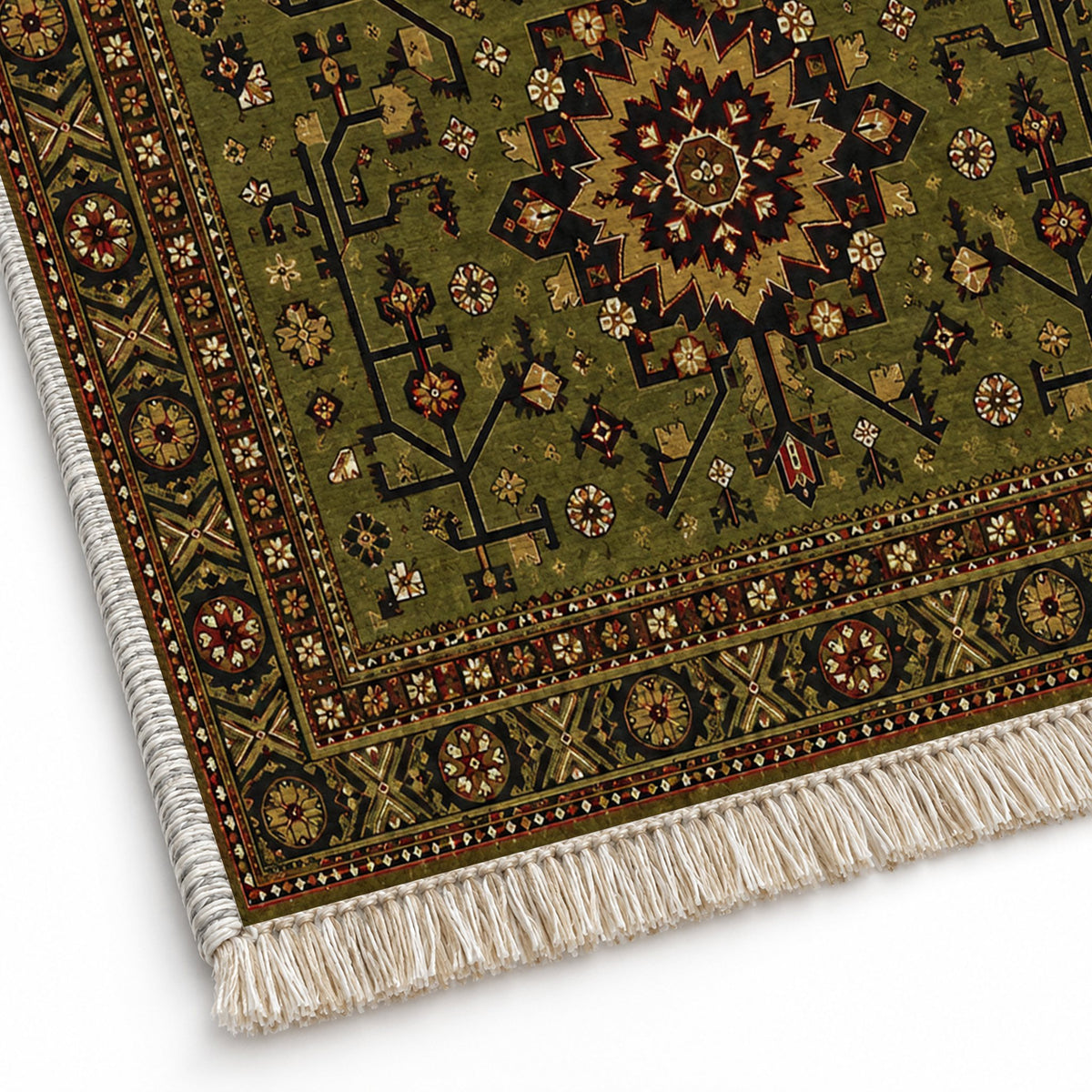 Samarkand Rosette Olive Green washable rug close-up of the printed chenille