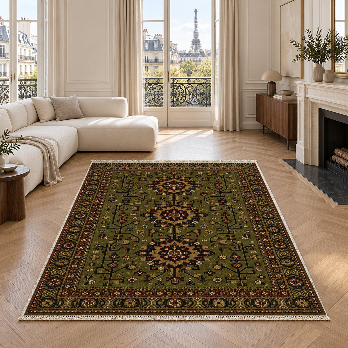 Samarkand Rosette Olive Green washable rug in a living room with an Eiffel Tower view