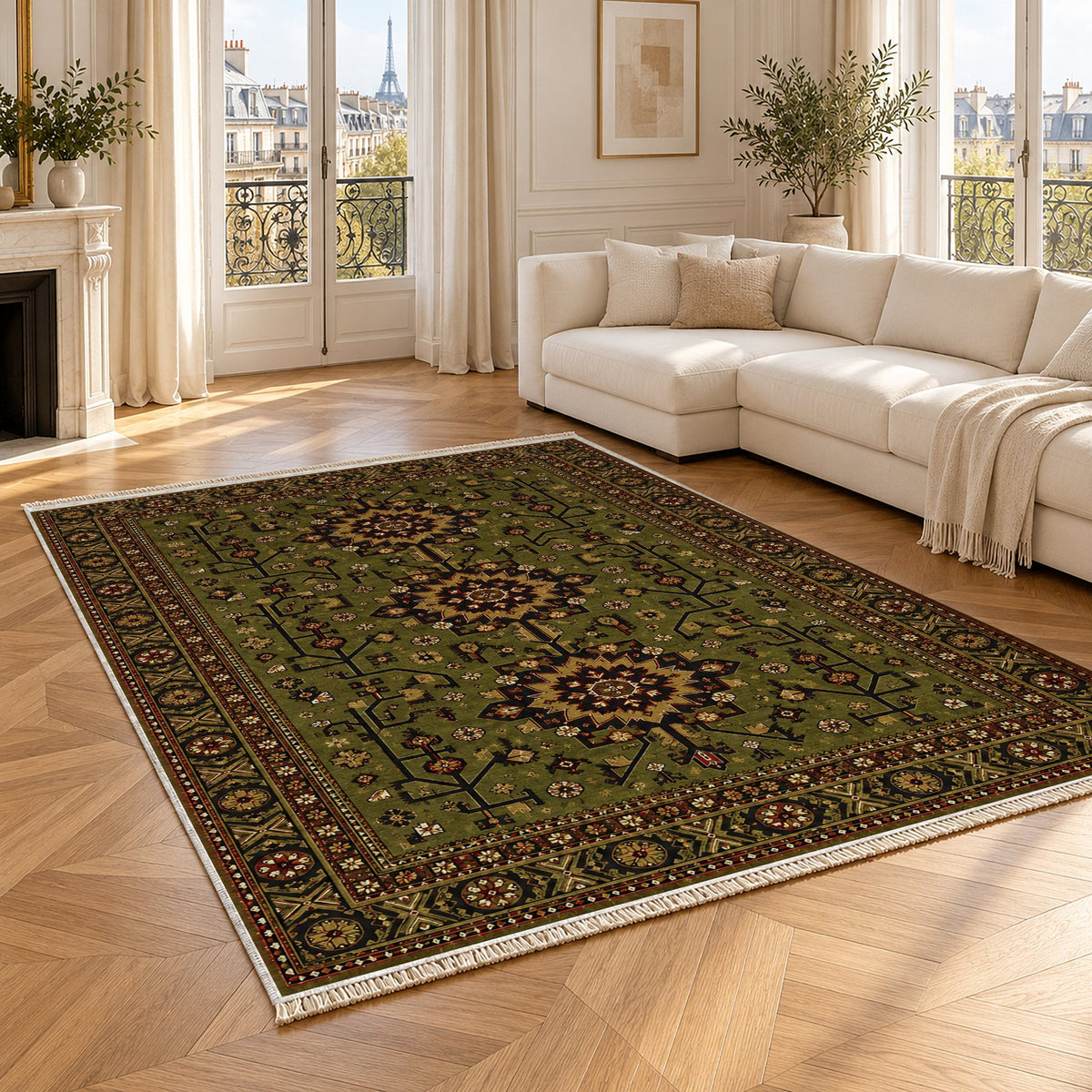 Samarkand Rosette Olive Green washable rug angled room view