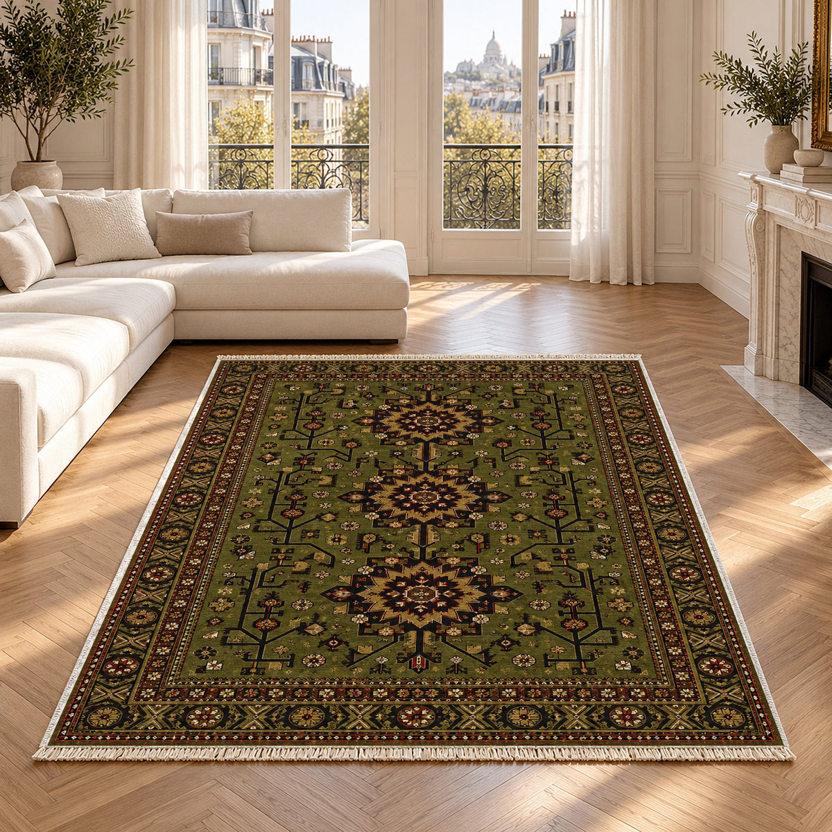 Samarkand Rosette Olive Green washable rug in a Paris living room