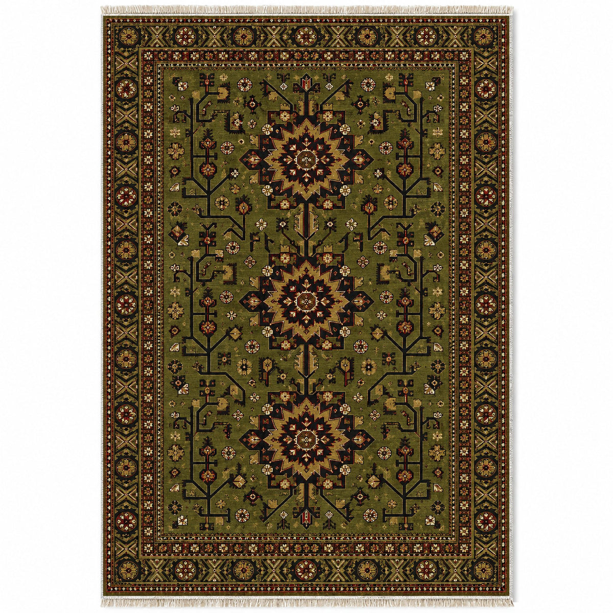 Samarkand Rosette Olive Green washable rug top view