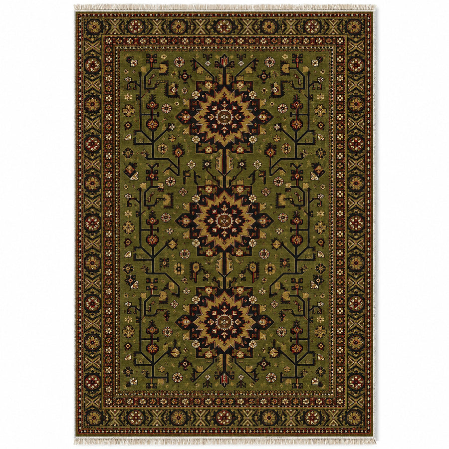 Samarkand Rosette Olive Green Afghan Washable Rug