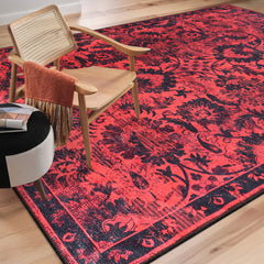 Rugs Depot RW1010 – Machine Washable Red Vintage Floral Rug | Damask-Inspired Oriental Carpet for Living Room, Bedroom & Dining