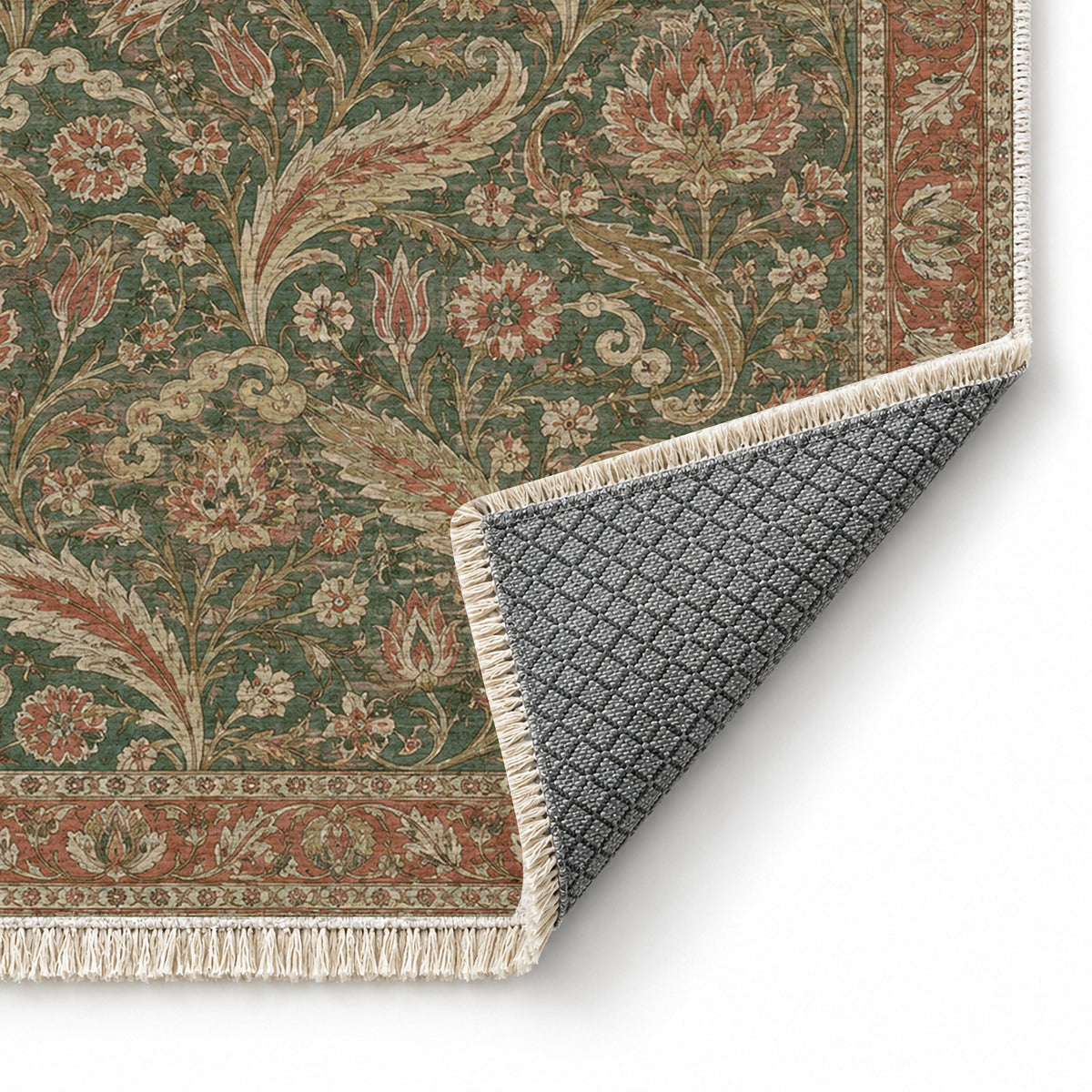 Saz Court Clay & Sage washable rug folded corner showing the backing