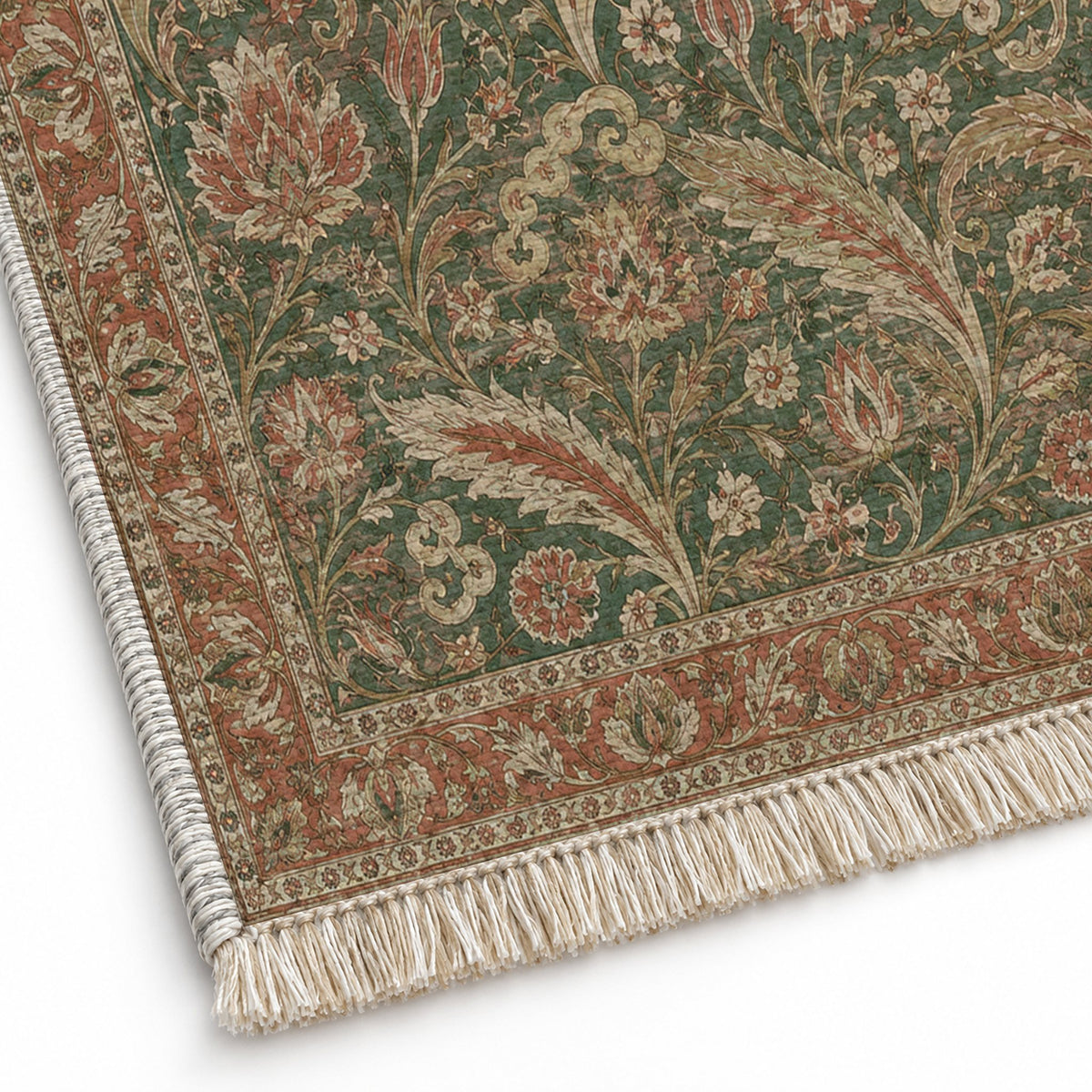 Saz Court Clay & Sage washable rug close-up of the printed chenille