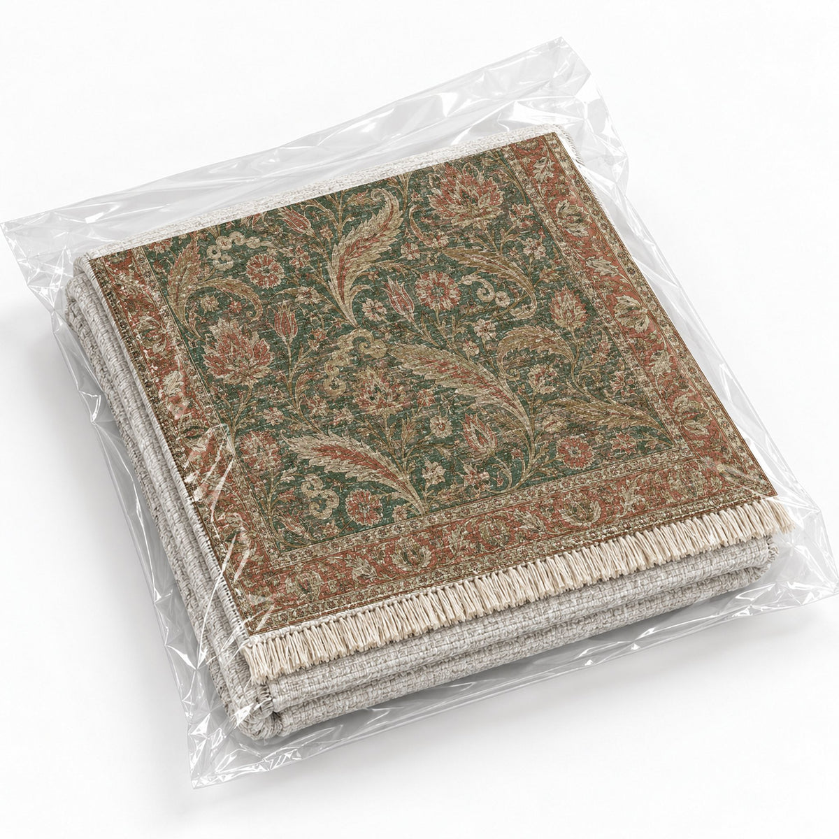 Saz Court Clay & Sage washable rug rolled and packaged