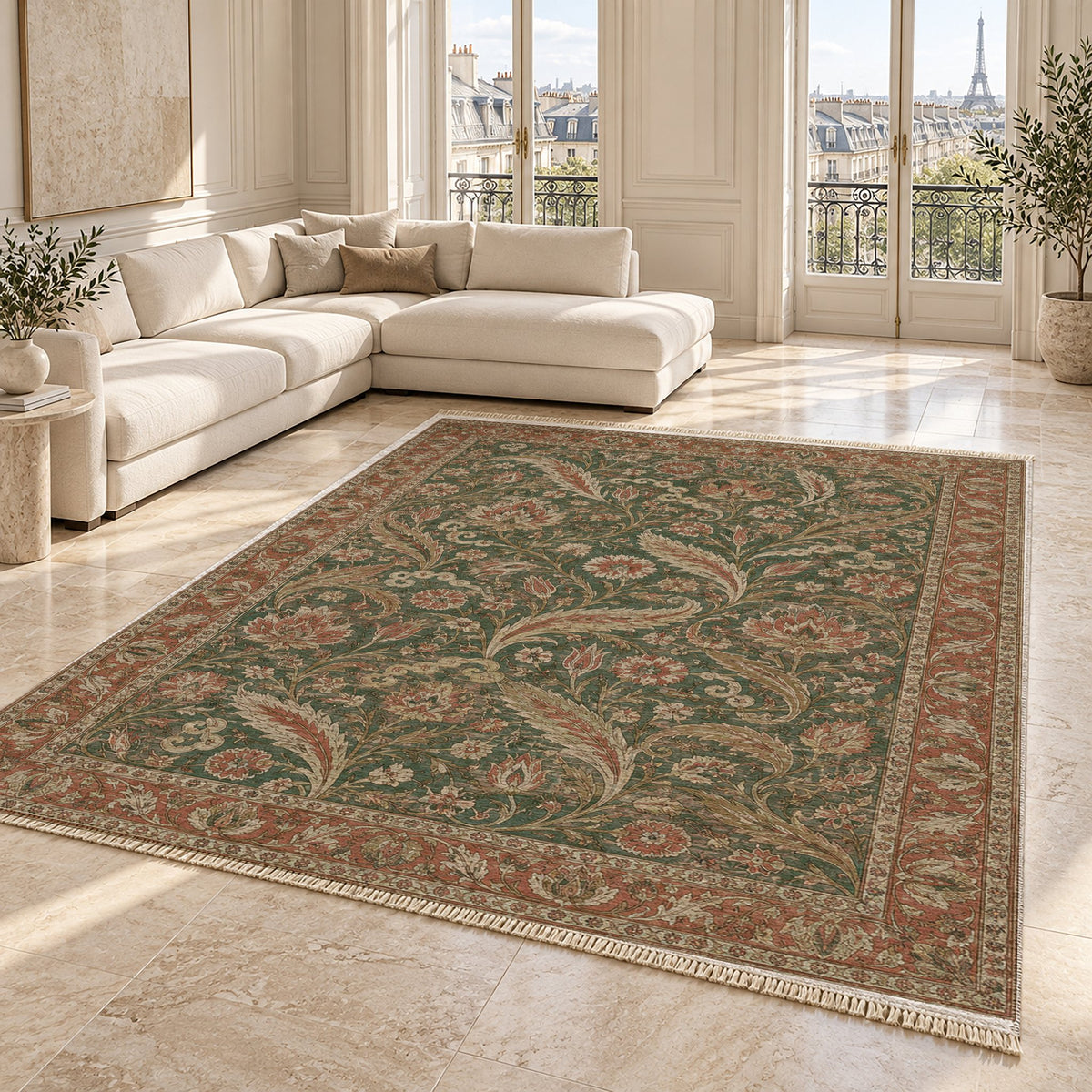 Saz Court Clay & Sage washable rug angled room view on marble