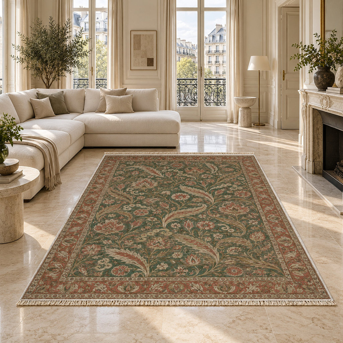 Saz Court Clay & Sage washable rug on a marble floor