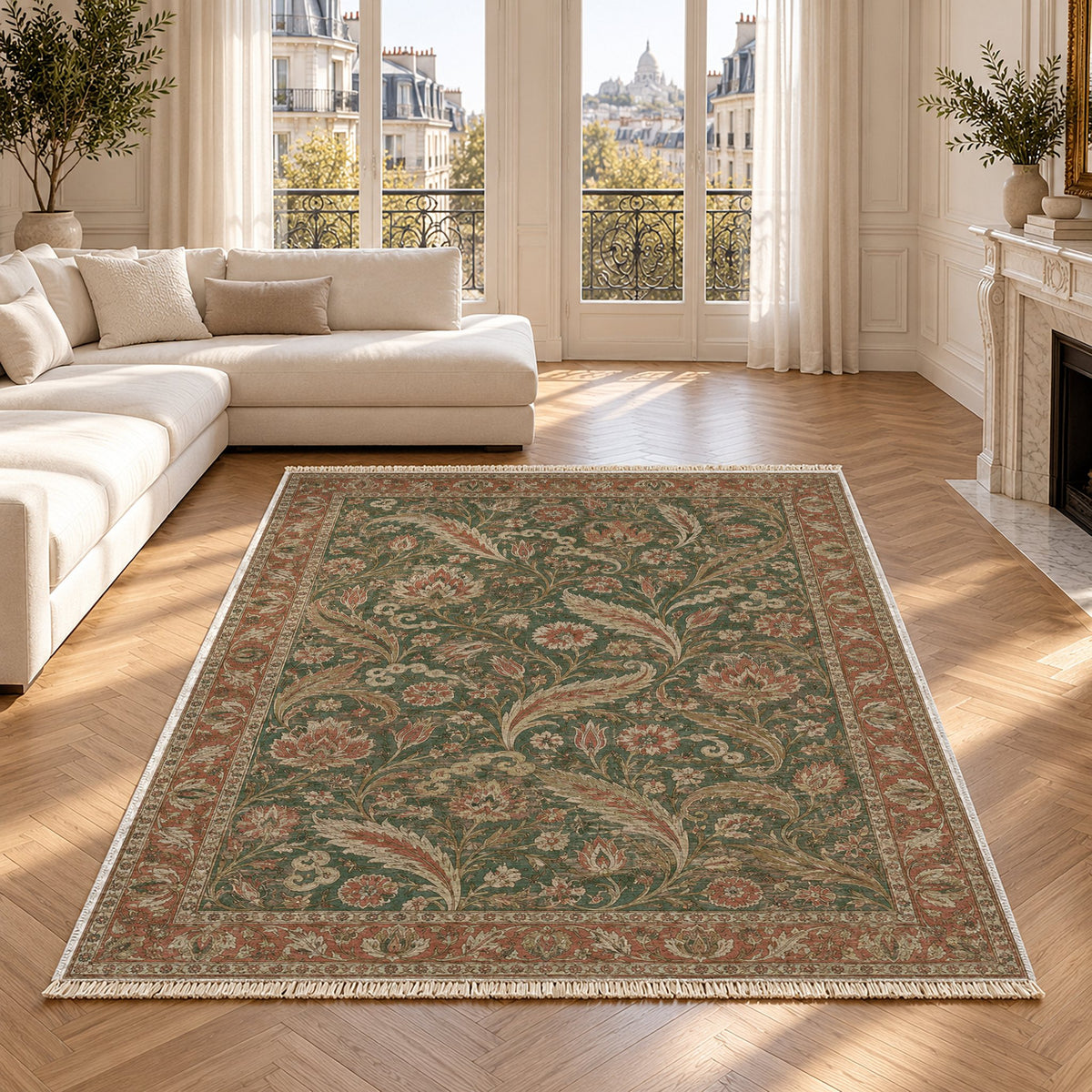 Saz Court Clay & Sage washable rug in a Paris living room
